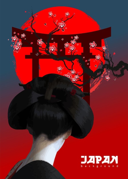 Geisha admirando um portão tradicional japonês com flores de cerejeira e um sol vermelho