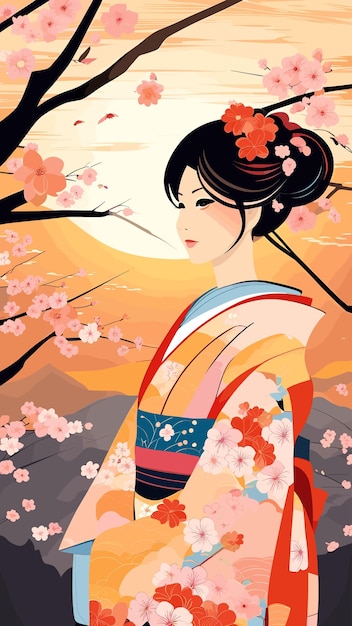 Vetor geisha japonesa em kimono desenhando quadrinhos vetoriais