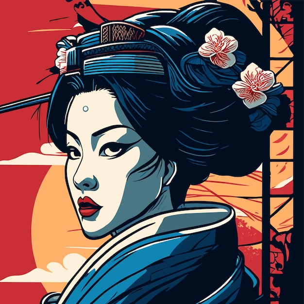 Vetor geisha japonesa samurai garota desenhada à mão plano elegante adesivo de desenho animado conceito de ícone ilustração isolada