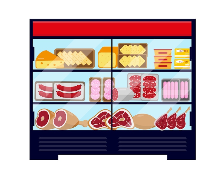 Vetor geladeira de vitrine grande cheia de comida de carne e queijo. ilustração vetorial isolada no fundo branco.
