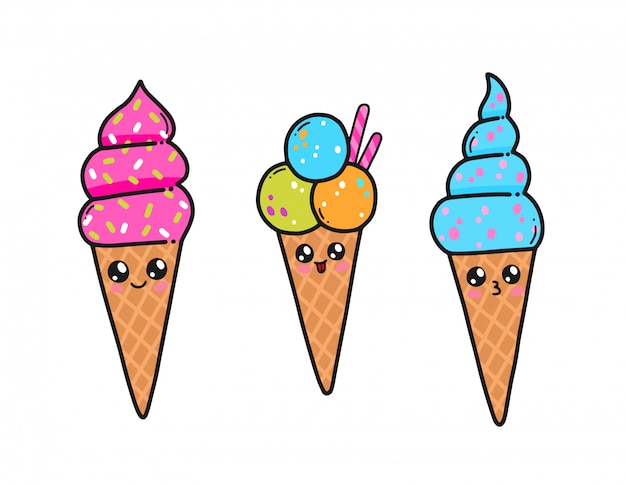 Gelado bonito ajustado no estilo do kawaii de japão. personagens de desenhos animados de sorvete feliz com caretas isoladas