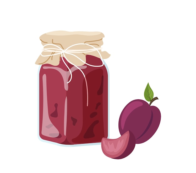 geleia de ameixa em garrafa de vidro com colheita fresca de frutas doces saborosas ilustração vetorial de desenho animado
