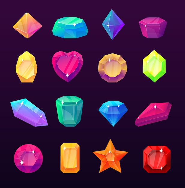 Gemas de desenhos animados Pedras de cristal coloridas Elementos de jogo da UI Diamantes espumantes Tesouros rubis e esmeraldas Minerais de jóias Pedras de rinoceronte facetadas Diferentes tipos de corte Set de pedras preciosas vetoriais