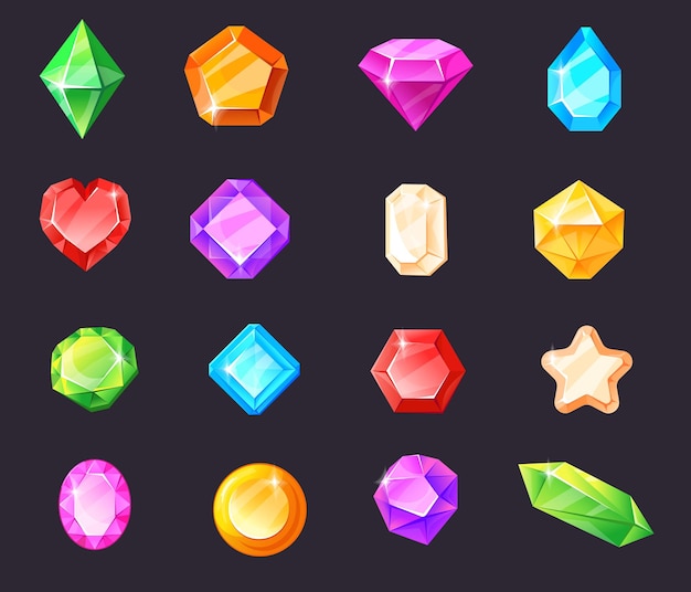 Gemas de joias de fantasia pedra de cristal para o jogo pedras preciosas mágicas conquista tesouro de conto de fadas real glitter gui ilustração vetorial dos desenhos animados ícone isolado puro