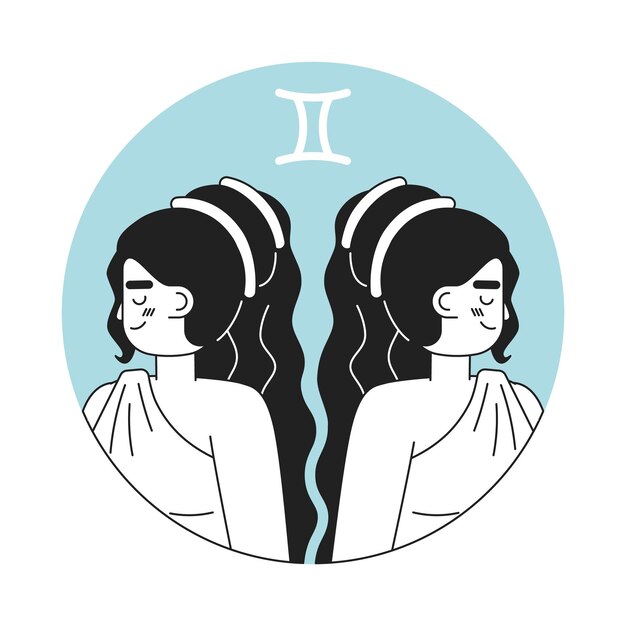 Gêmeos mulher gêmeos zodíaco monocromático round vector spot ilustração mulheres atraentes 2D plano bw personagem de desenho animado para web UI design Astrologia isolado editável imagem de herói desenhada à mão