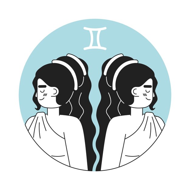 Vetor gêmeos mulher gêmeos zodíaco monocromático round vector spot ilustração mulheres atraentes 2d plano bw personagem de desenho animado para web ui design astrologia isolado editável imagem de herói desenhada à mão