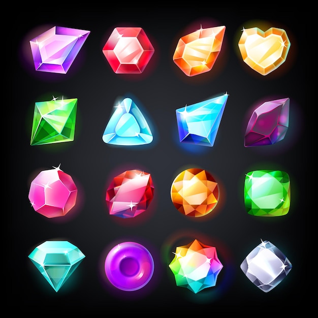 Gems. pedras de joias de desenho animado para a realização do jogo e moeda, conjunto de ícones de cristais brilhantes coloridos. ilustração vetorial coleção de joias bonitas