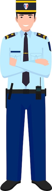 Vetor gendarme policial francês em pé e ícone de personagem de uniforme tradicional em vetor de estilo plano