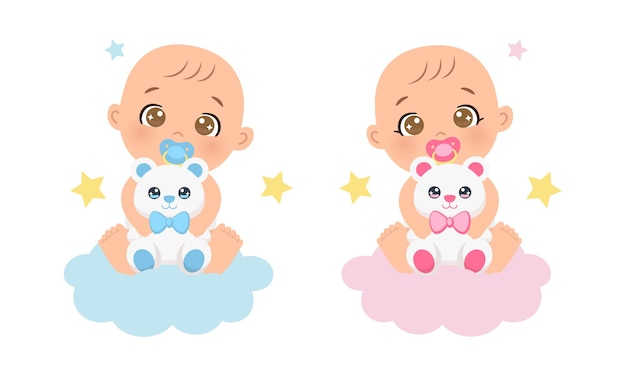 Gênero de menino e menina bonitos revelado com clipart de ursinho de pelúcia