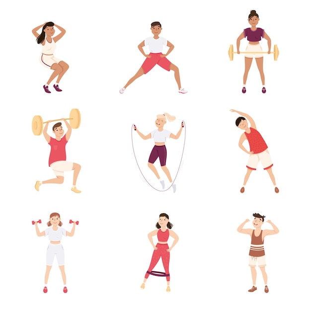 Gente Personagens na ginásio fazendo exercício físico e conjunto de ilustrações vetoriais de treino
