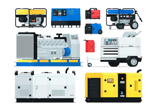 Vetor gerador a diesel estacionário, industrial e portátil. equipamento de backup de geração de energia e máquina alternadora de fonte de tensão elétrica