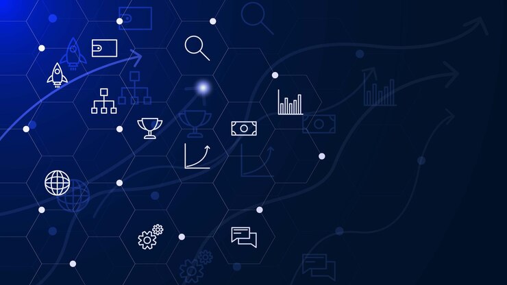 Vetor gerenciamento de processos de negócios com fluxo de trabalho hexagonal e ícones e automação no estilo de tecnologia