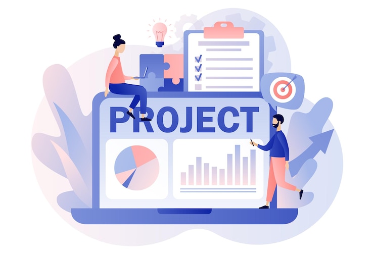 Vetor gerenciamento de projetos. análise e desenvolvimento de marketing online. estratégia bem sucedida, motivação