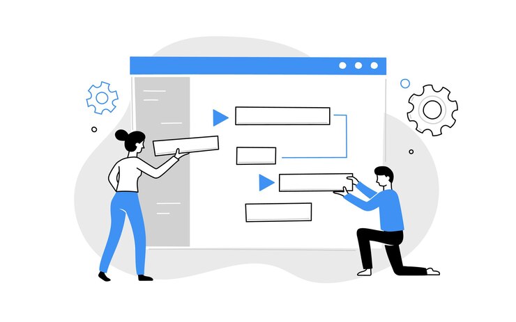 Vetor gerenciamento de projetos software trabalho doodle linha pessoas projeto de negócios completa gestão de tarefas digital