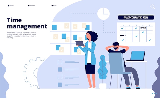 Vetor gerenciamento de tempo eficaz. planejamento de negócios, solução de trabalho em equipe de escritório. modelo de página de destino de aplicativo de agendamento de prioridade perfeita.