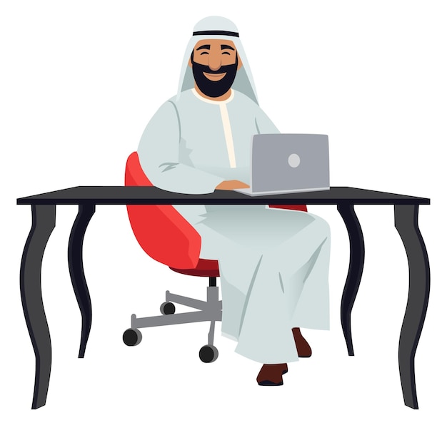 Vetor gerente de negócios saudita trabalhando em laptop árabe sentado à mesa