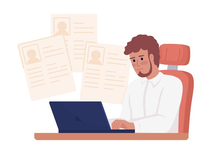 Vetor gerente de recursos humanos avaliando currículos personagem de vetor de cor semiplana