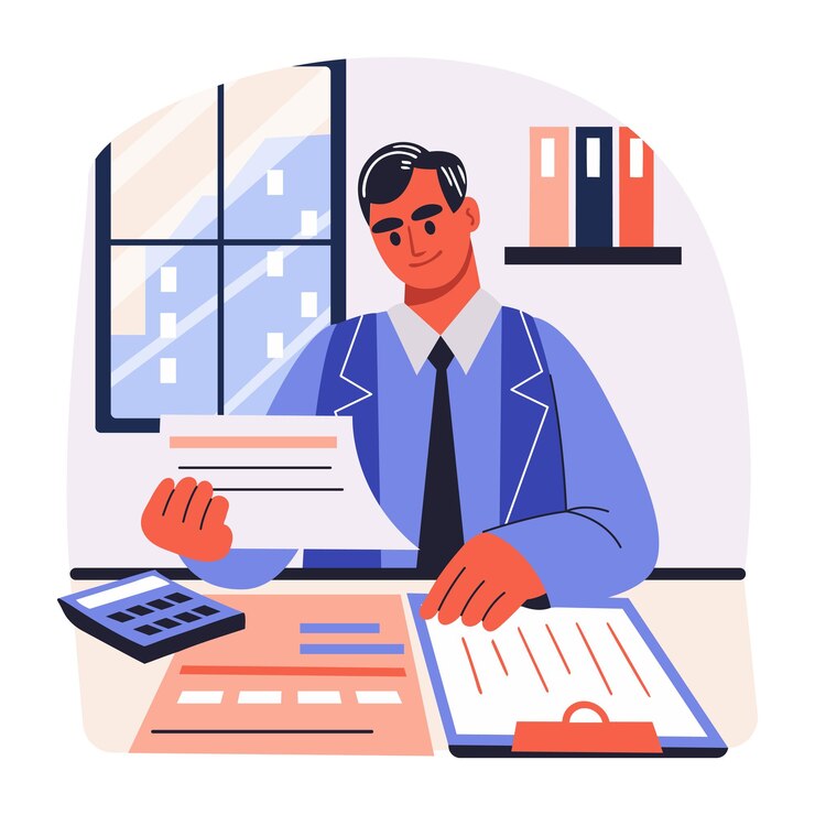 Vetor gerente financeiro a trabalhar em relatórios ilustração plana