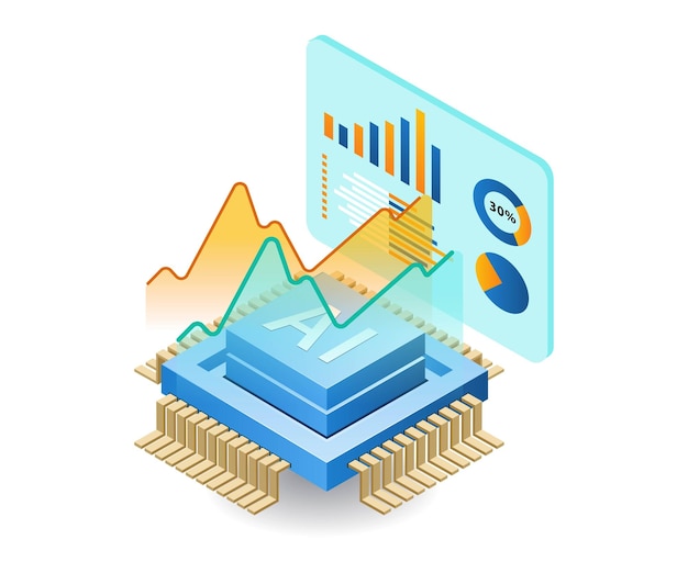Vetor gestão da análise de dados empresariais com inteligência artificial ilustração 3d isométrica plana