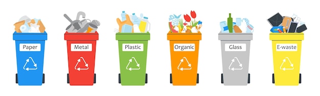 Gestão da separação do lixo recipientes planos de lixo com resíduos orgânicos de metal e papel contentores de plástico isolados reciclagem conceito de vetor decente