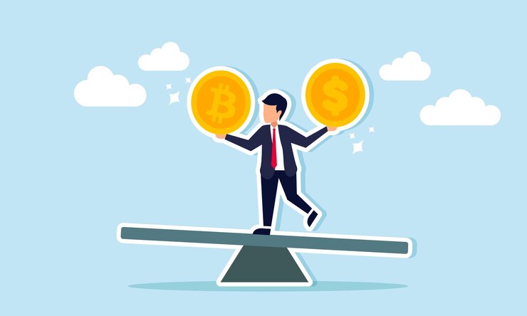 Vetor gestão de carteira de investimentos com negociação de bitcoin ou criptomoedas na bolsa de criptomoedas