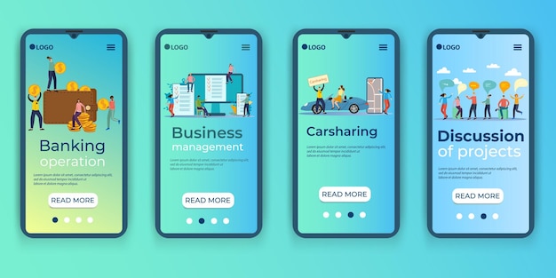 Gestão de negócios bancários compartilhamento de carros reunião de negóciosum conjunto de interfaces ui ux para smartphone