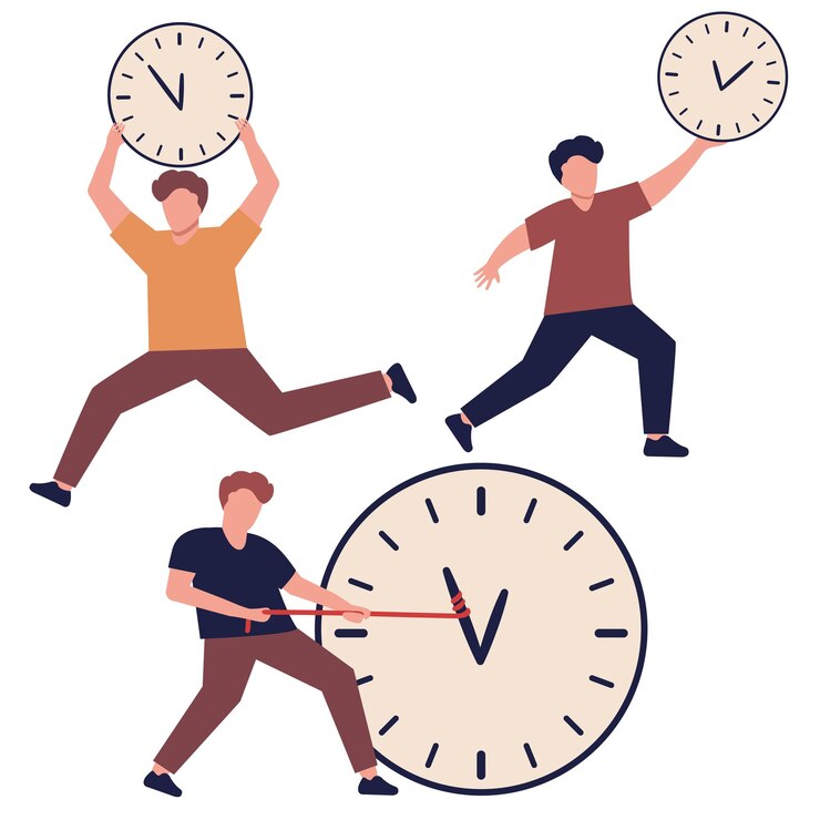 Vetor gestão do tempo pessoas que trabalham em equipa o relógio controla o tempo de trabalho e as tarefas