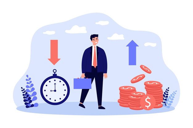 Gestão eficaz do tempo do empresário para ganhar dinheiro. crescimento financeiro do lucro para ilustração em vetor plana personagem minúsculo. o conceito de tempo é dinheiro para banner, design de site ou página de destino da web