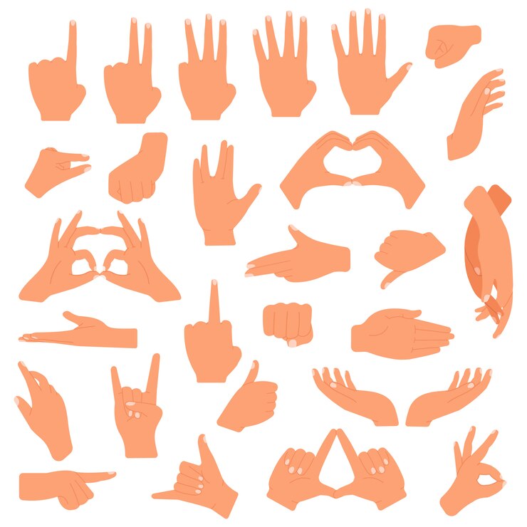Vetor gesticulando as mãos. gesto de mão de comunicação, apontando, contando os dedos, sinal ok, conjunto de ilustração de linguagem de gesto de palma. gesticulando expressão de sinal, apontando e aperto de mão