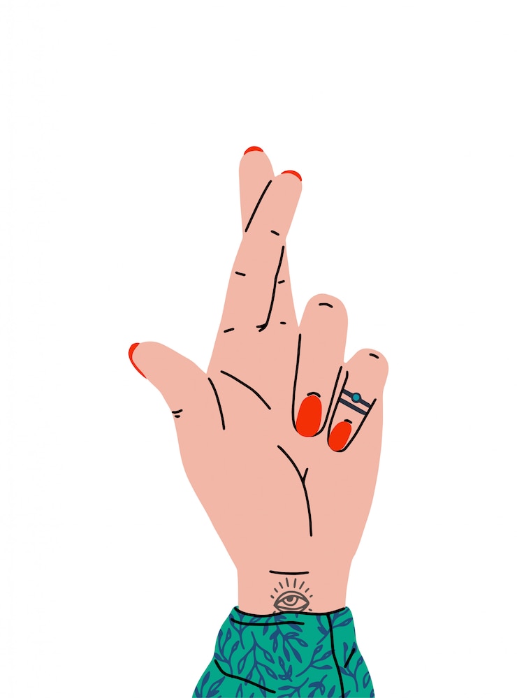 Vetor gesto de mão cruzou os dedos. a mão de uma mulher com uma tatuagem mostrando cruzou os dedos. estilo dos desenhos animados. ilustração design plano isolada