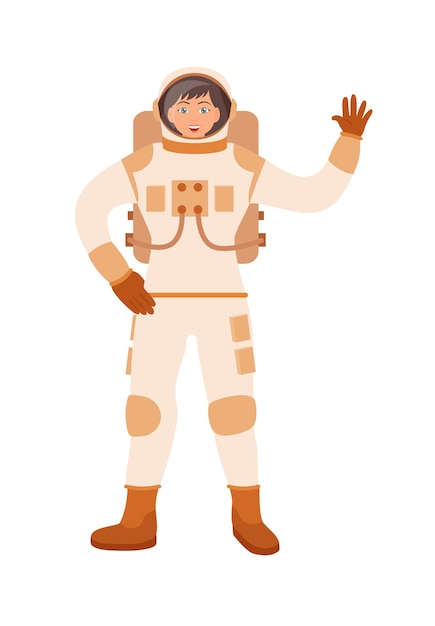 Gesto de mulher astronauta bem-vindo isolado no fundo branco