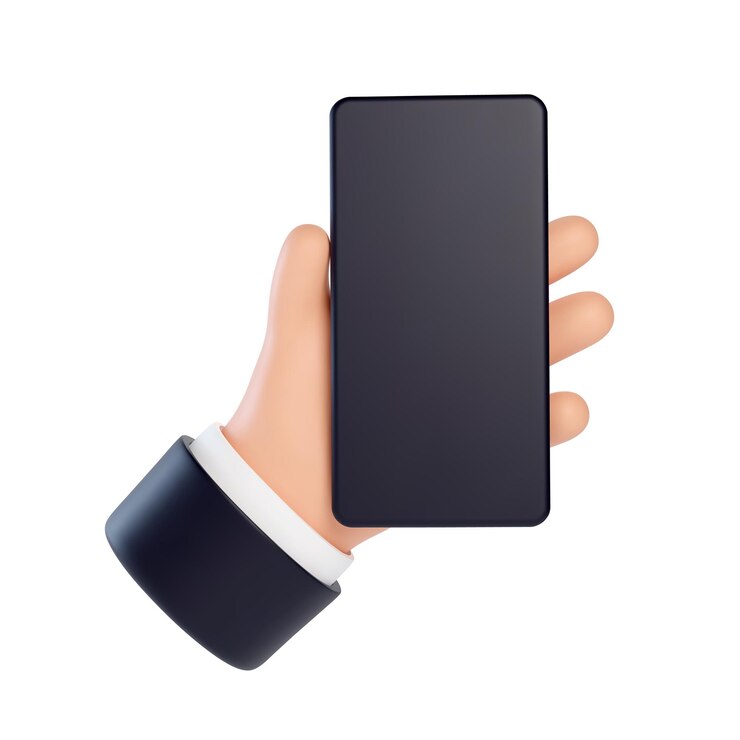 Vetor gestos de mão de negócios 3d a mão segura um smartphone com tela em branco
