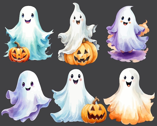 Ghost Halloween aquarela clip art conjunto de ilustração vetorial