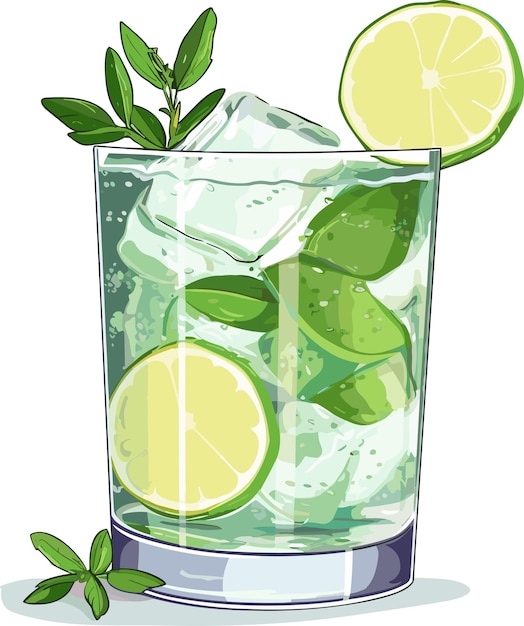 Gin e tônica de coquetel alcoólico clássico em vidro. Bebida refrescante com laranja limão e gelo. Ilustração vetorial