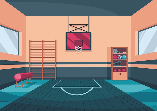 Vetor ginásio de basquete escolar sala de esportes com marcações sala confortável para crianças jogos ativos e exercícios esportivos sala de treinamento equipada vazia com equipamentos de ginástica