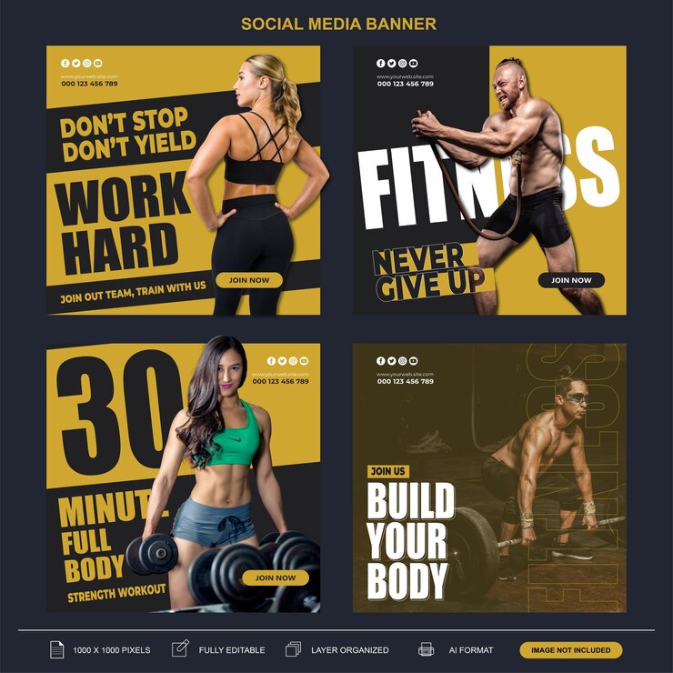 Vetor ginásio de fitness ou ginásio e meios de comunicação social de fitness e instagram ou facebook post amp banner da web