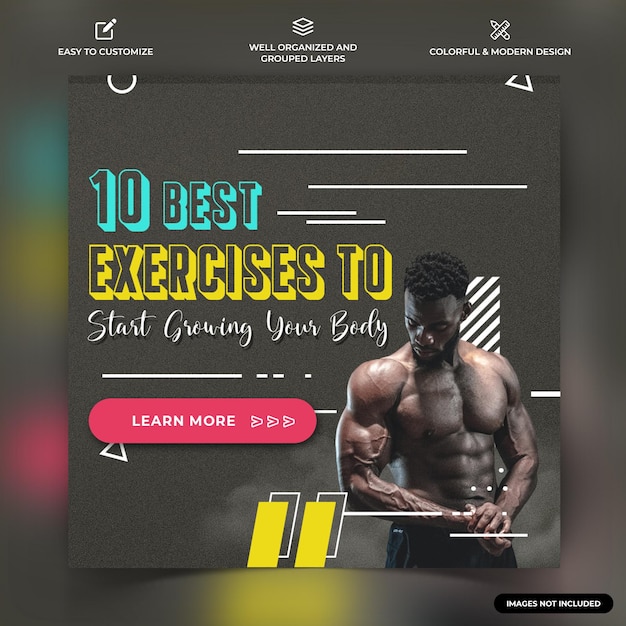 Ginásio e fitness studio instagram mídia social postar modelo de banner da web vetor premium