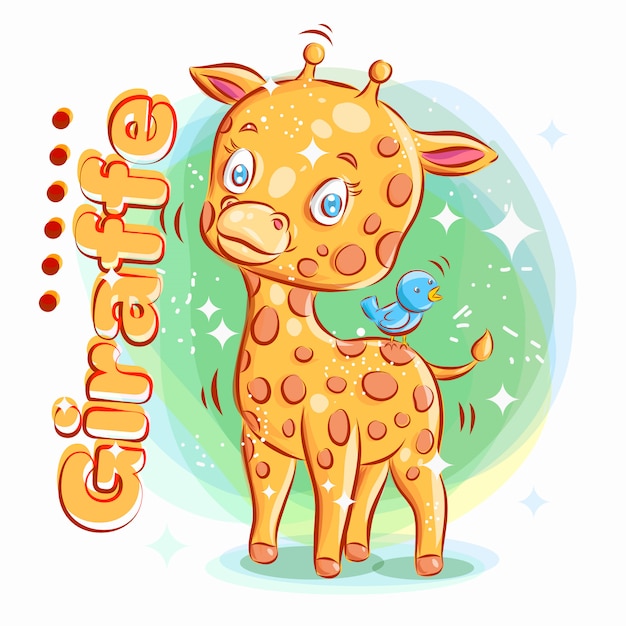 Gira girafa brincar com pássaro azul. ilustração colorida dos desenhos animados.