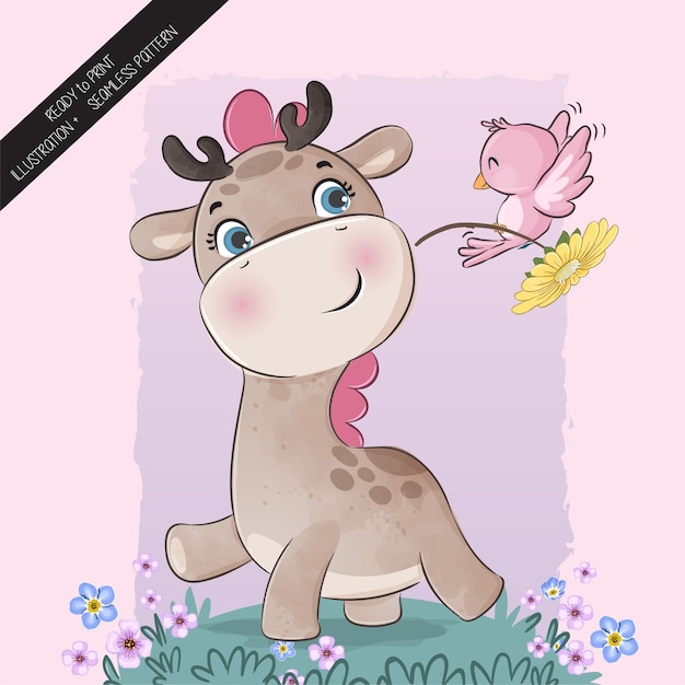 Girafa animal fofa com pássaro rosa