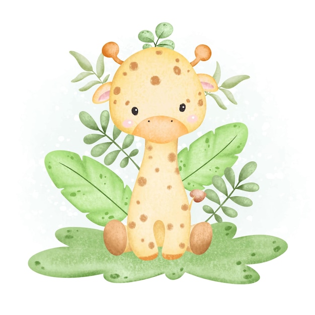 Vetor girafa bebê aquarela e folhas tropicais sentadas no jardim