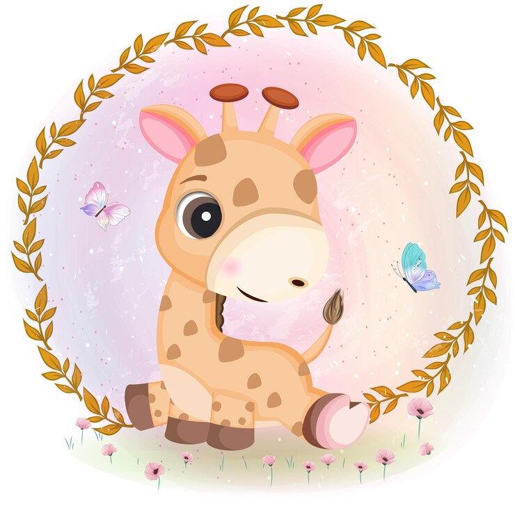 Vetor girafa bebê fofo com coroa de flores e borboletas