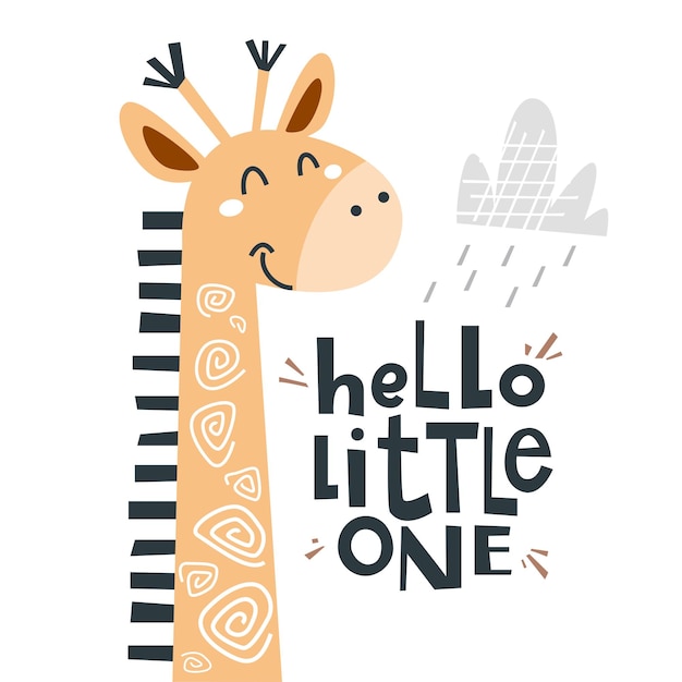 Girafa bonita com letras Hello Little One Fundo infantil e brincalhão Ilustração vetorial