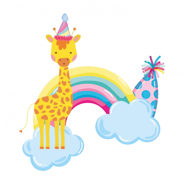 Girafa bonita e pequena com chapéu de festa e arco-íris