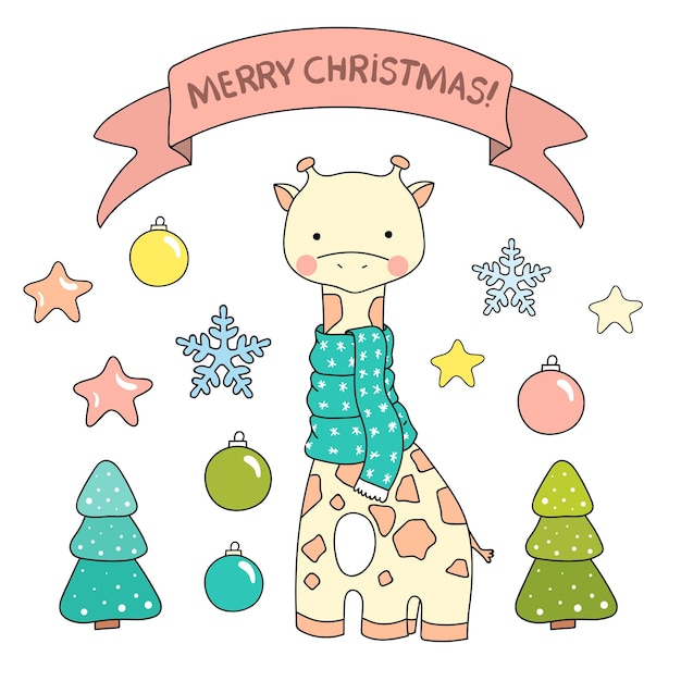Girafa bonitinha com cachecol e conjunto de natal e ano novo fir árvore floco de neve estrela bola de natal