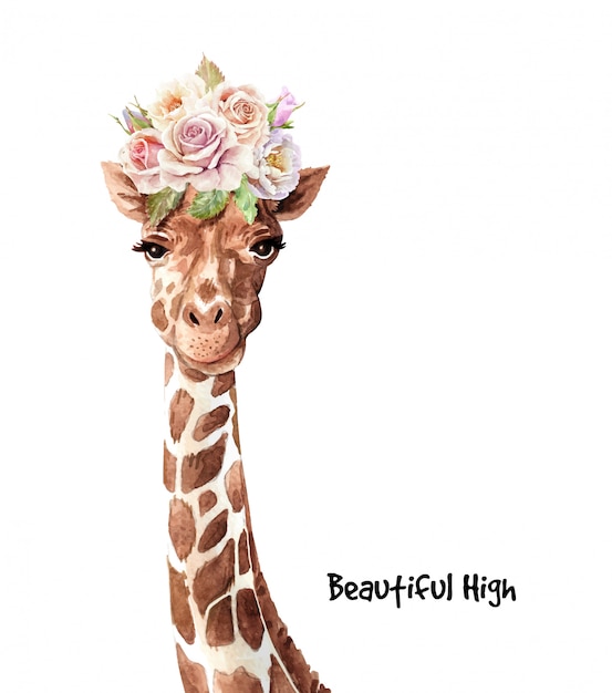 Vetor girafa bonito da aquarela com a flor do ramalhete na cabeça.