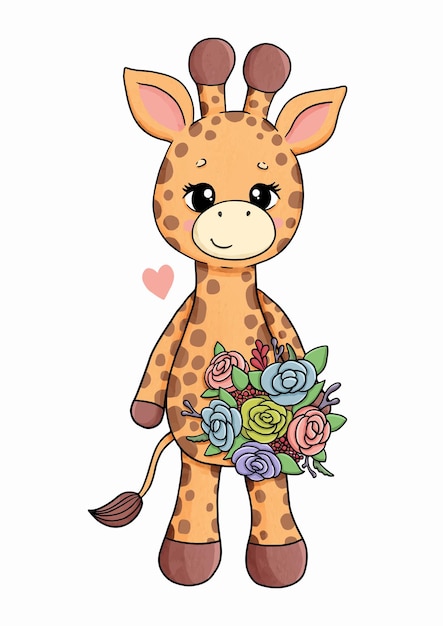 Vetor girafa com muitas flores e ilustração vetorial de coração