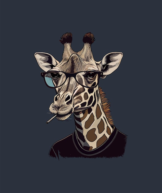 Girafa com óculos e uma camisa que diz girafa fumando