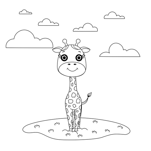 Vetor girafa de desenho animado fofo com nuvens ilustração vetorial em preto e branco para livro de colorir