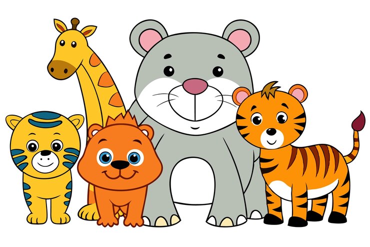 Vetor girafa de desenho animado urso leão e tigres posam juntos exibindo cores e contornos vibrantes