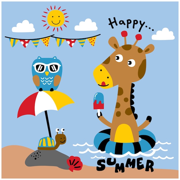 Girafa e amigos na praia desenho animado animal